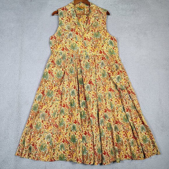 April Cornell Moth Midi Dress Women's M Yellow Multi Floral Sleeveless Peasant - Picture 1 of 9